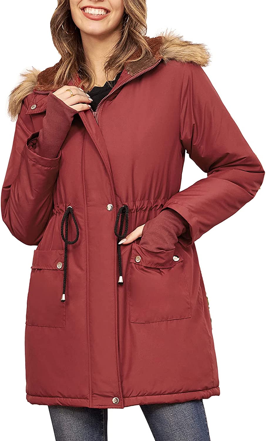 GRACE KRAIN Womens Hooded Winter Coats Long Warm Fleece Lined Jacket Parka with Pockets Waterproof Windproof