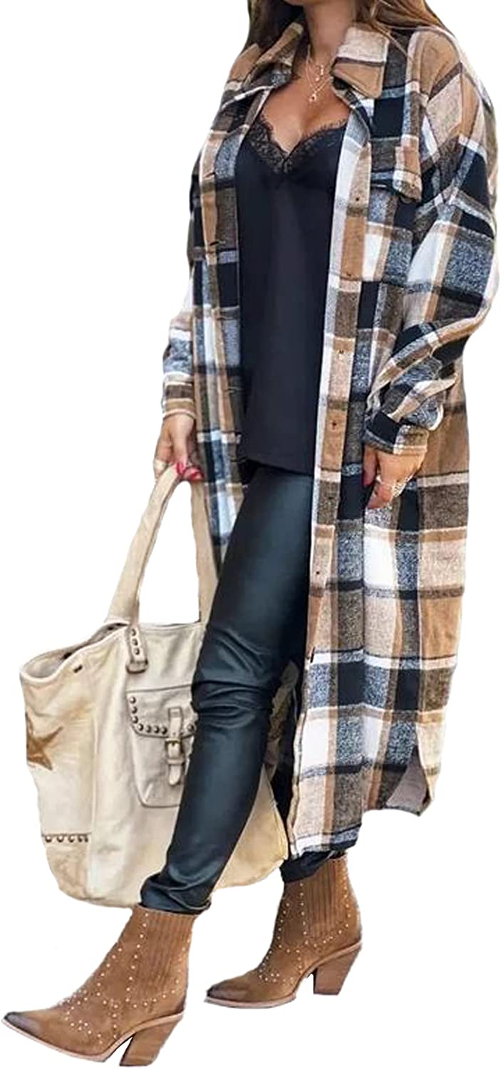 Womens Casual Flannel Wool Blend Plaid Lapel Button Down Shirt Long Sleeve Shacket Jacket with Pockets