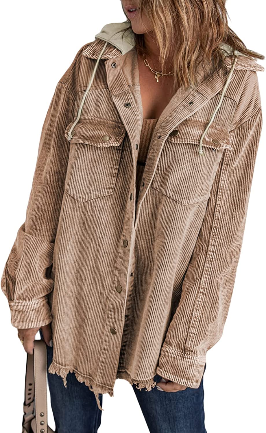 Dokotoo Womens 2022 Fall Corduroy Shacket Jacket Long Sleeve Button Down Color Block Hooded Coat with Pockets