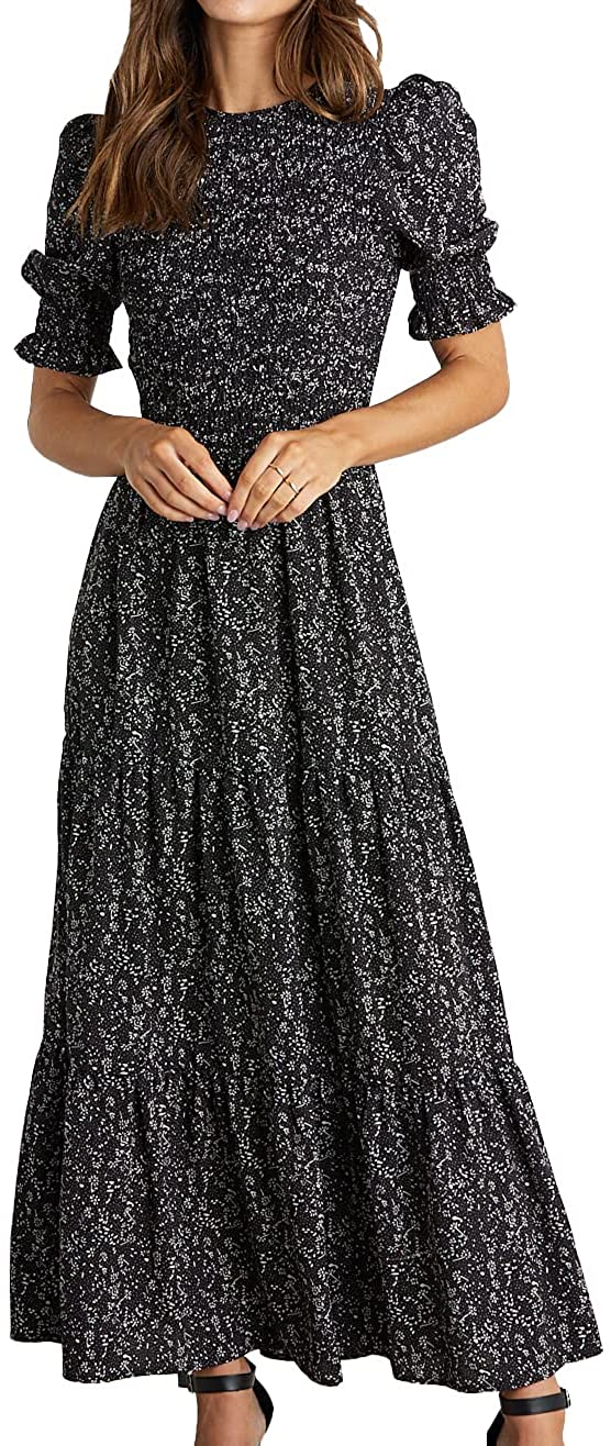 Women’s Dresses Crewneck Casual Summer Ruffle Short Sleeve Bohemian Tiered Smocked Long Maxi Dress Floral Leopard Print