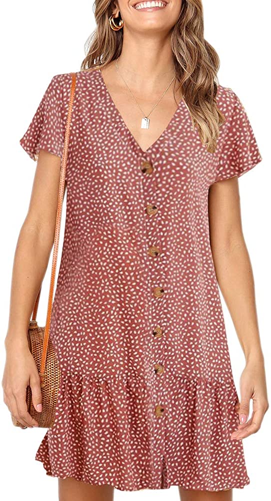 Womens Polka Dot V Neck Button Down Ruffles Loose Mini Short T-Shirt Dress