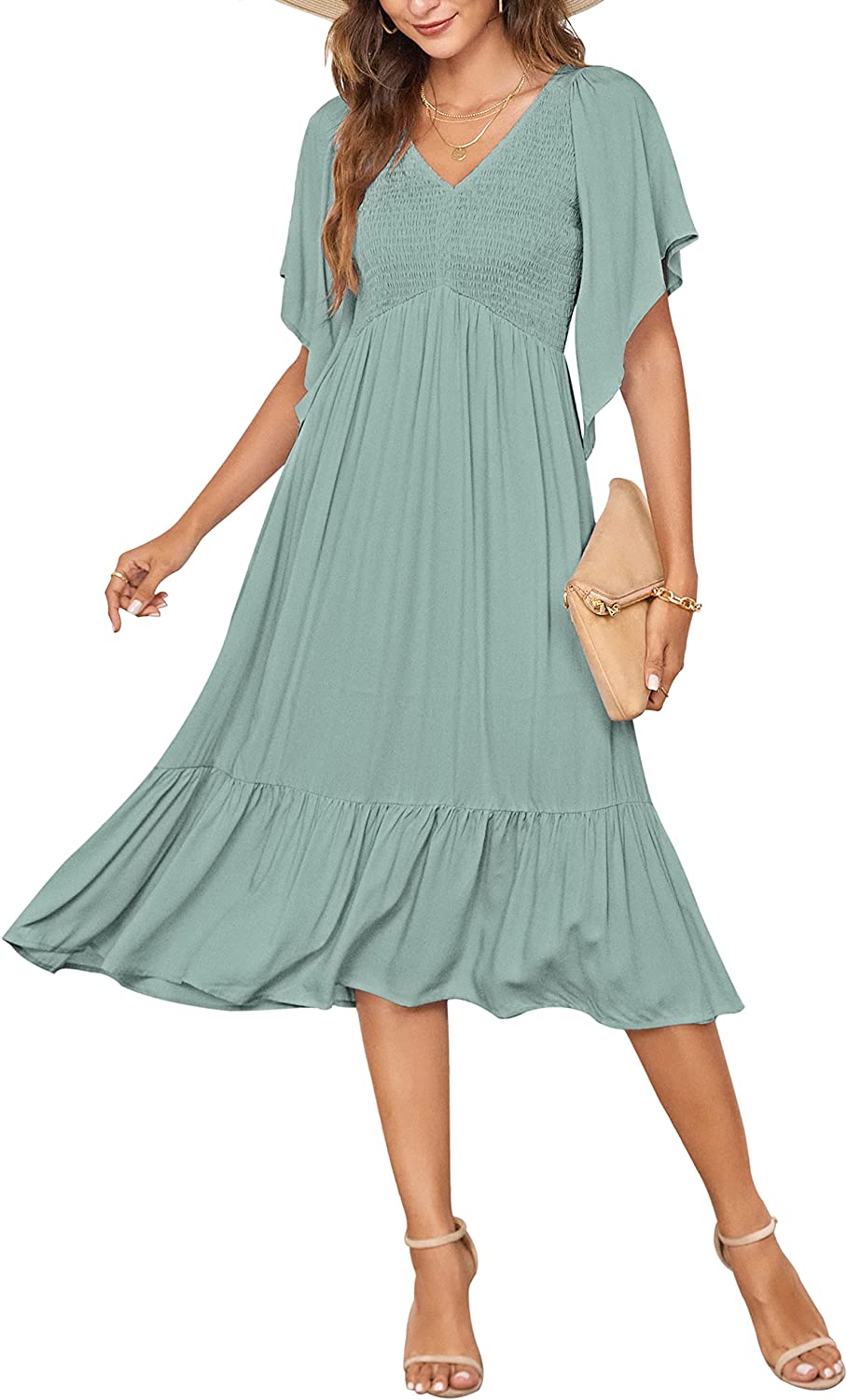 Women's Summer Tiered Dress Smocked Flutter Short Sleeve V Neck Midi Dresses