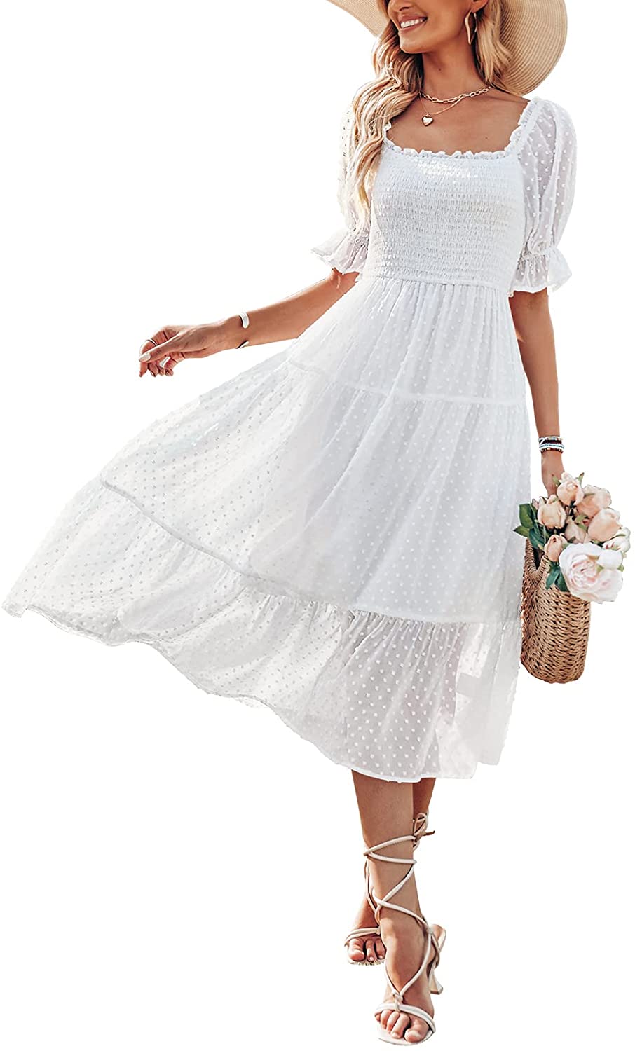 Women's Summer Square Neck Puff Sleeve Boho Midi Dress Swiss Dot Ruffle Flowy Tie Back Dress