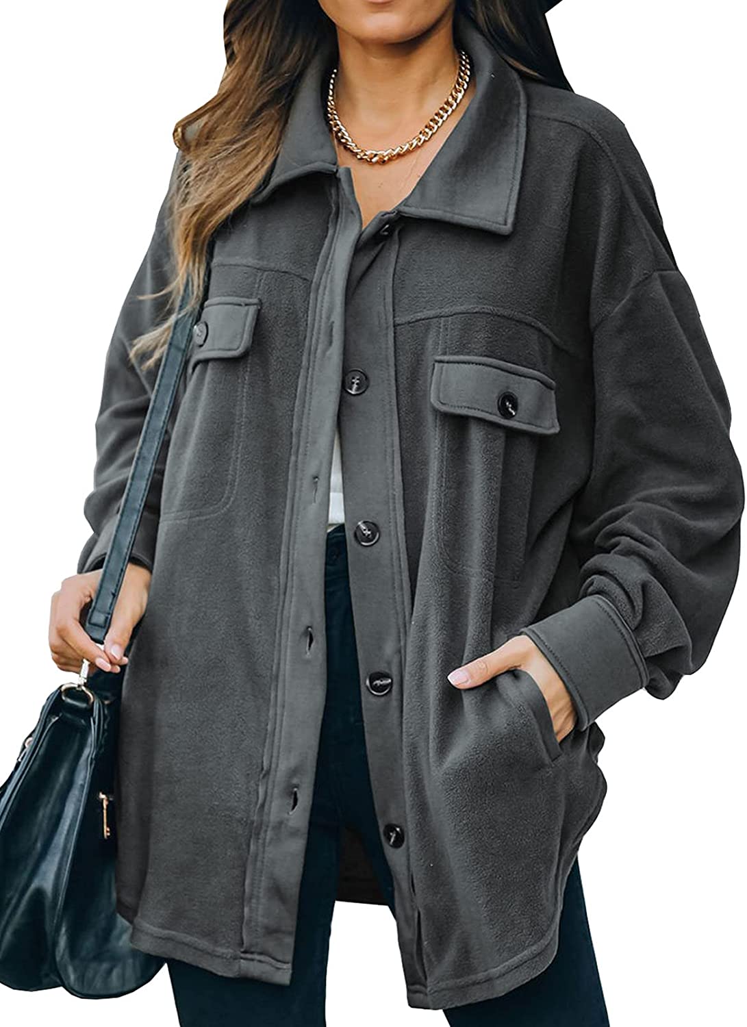 Astylish Women Casual Coat Long Sleeve Shacket Shirts Jacket with Pockets