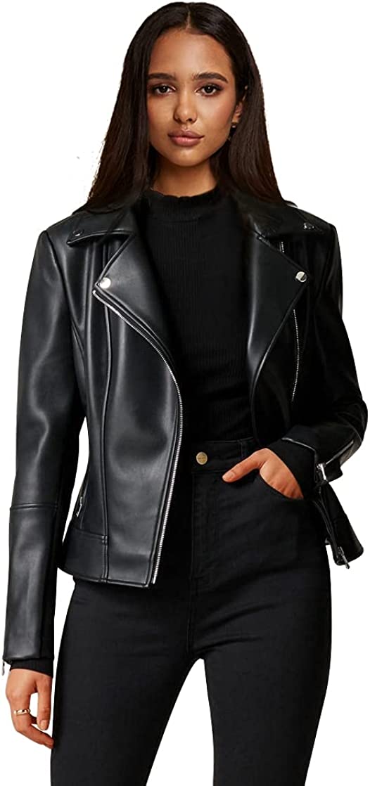 Athlemo Womens Faux Leather Motorcycle Jackets Classical Black PU Slim Short Biker Coats