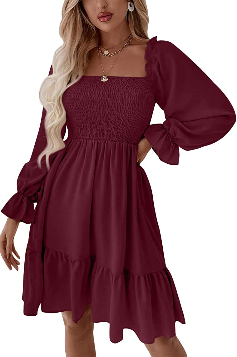 Womens Midi Dresses Solid Long Sleeve Dress Casual Square Neck High Waist A Line Ruffle Mini Short Dresses for Women