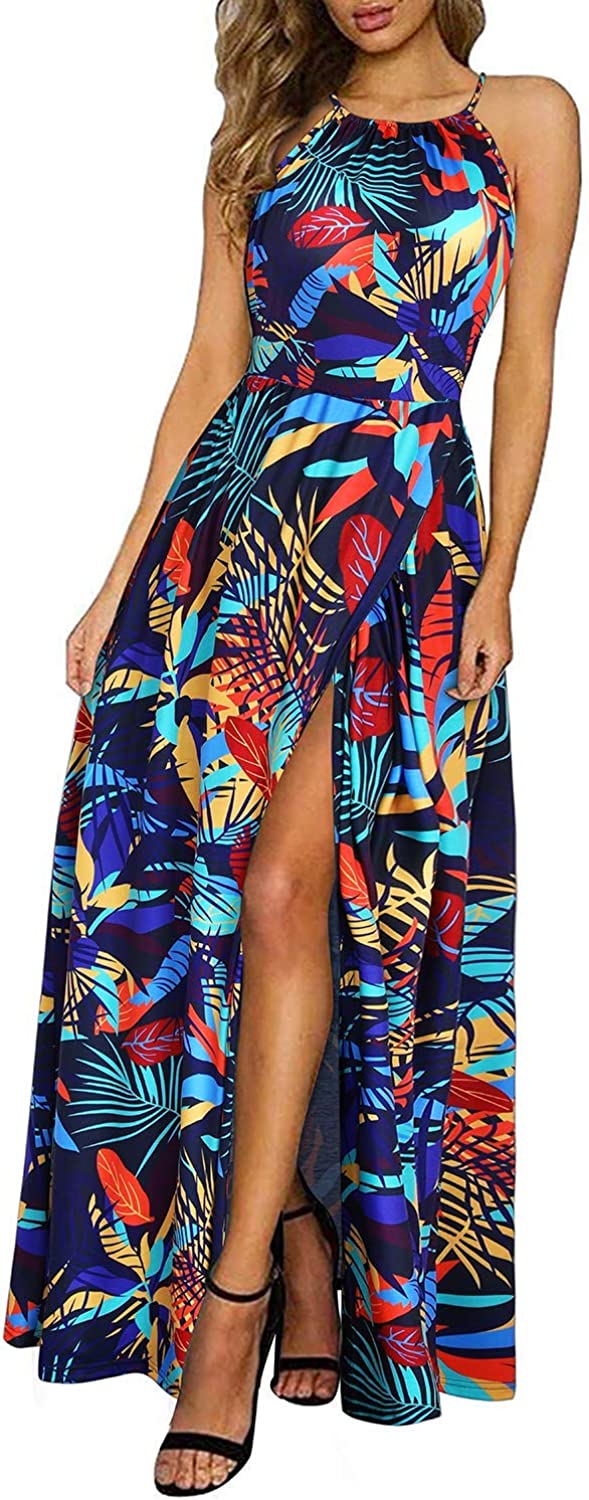 Women's Summer Casual Sleeveless Halter Neck Floral Print Beach Party Split Maxi Long Dress with Pockets