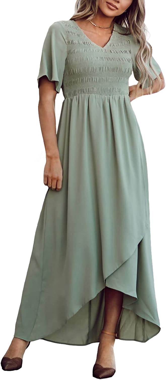 Women Short Sleeve Summer V Neck High Low Smocked Maxi Dress