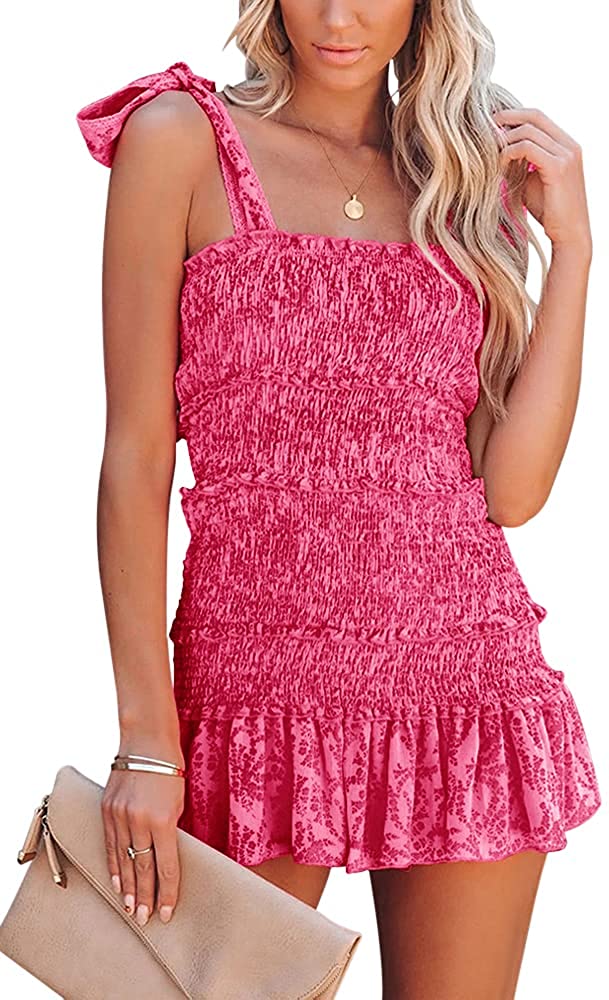 Womens Summer Ruffle Smocked Mini Dress Sleeveless Floral Print Tiered Tie Slim Fit Short Dresses