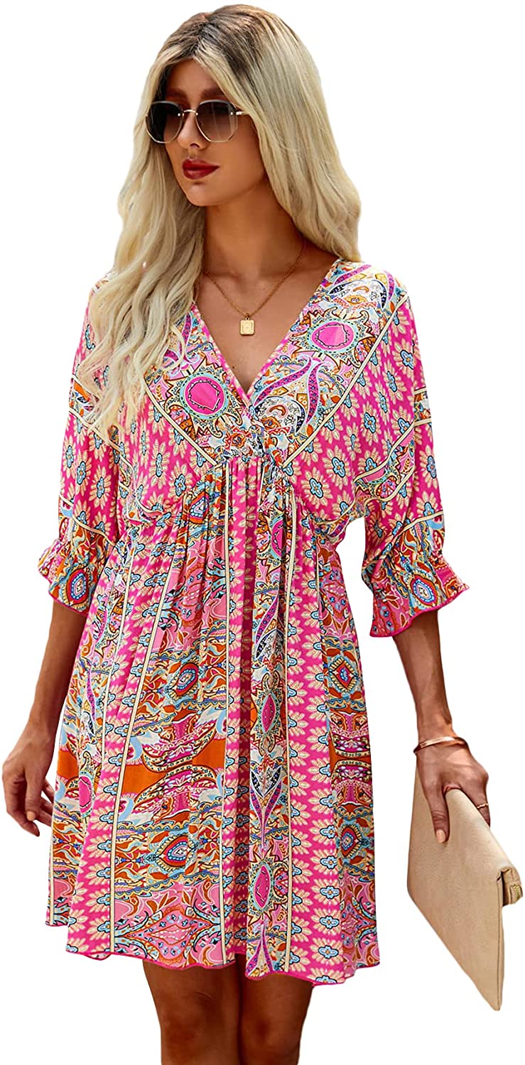 Women's Boho Tribal Print Short Sleeve V Neck Tie Back Summer Shift Dress