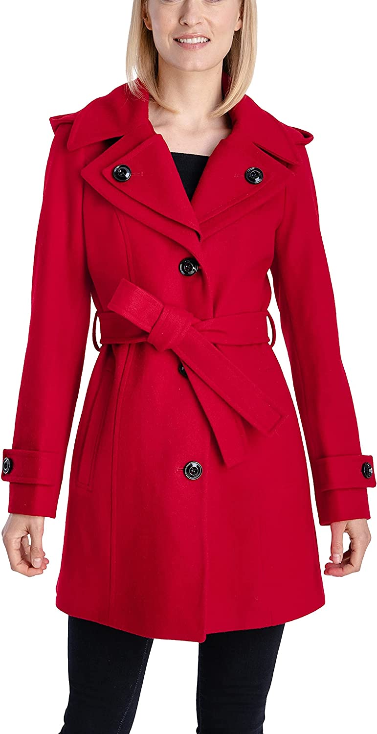 LONDON FOG Women's Double Lapel Thigh Length Button Frontwool Coat with Belt