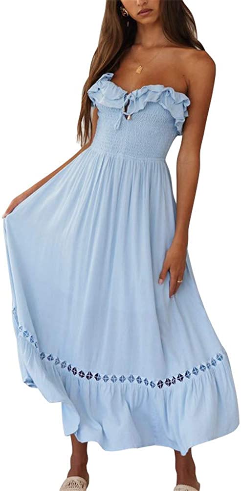 Women's Summer Sleeveless Strapless Ruffle Off The Shoulder Swing Cocktail Party Dress