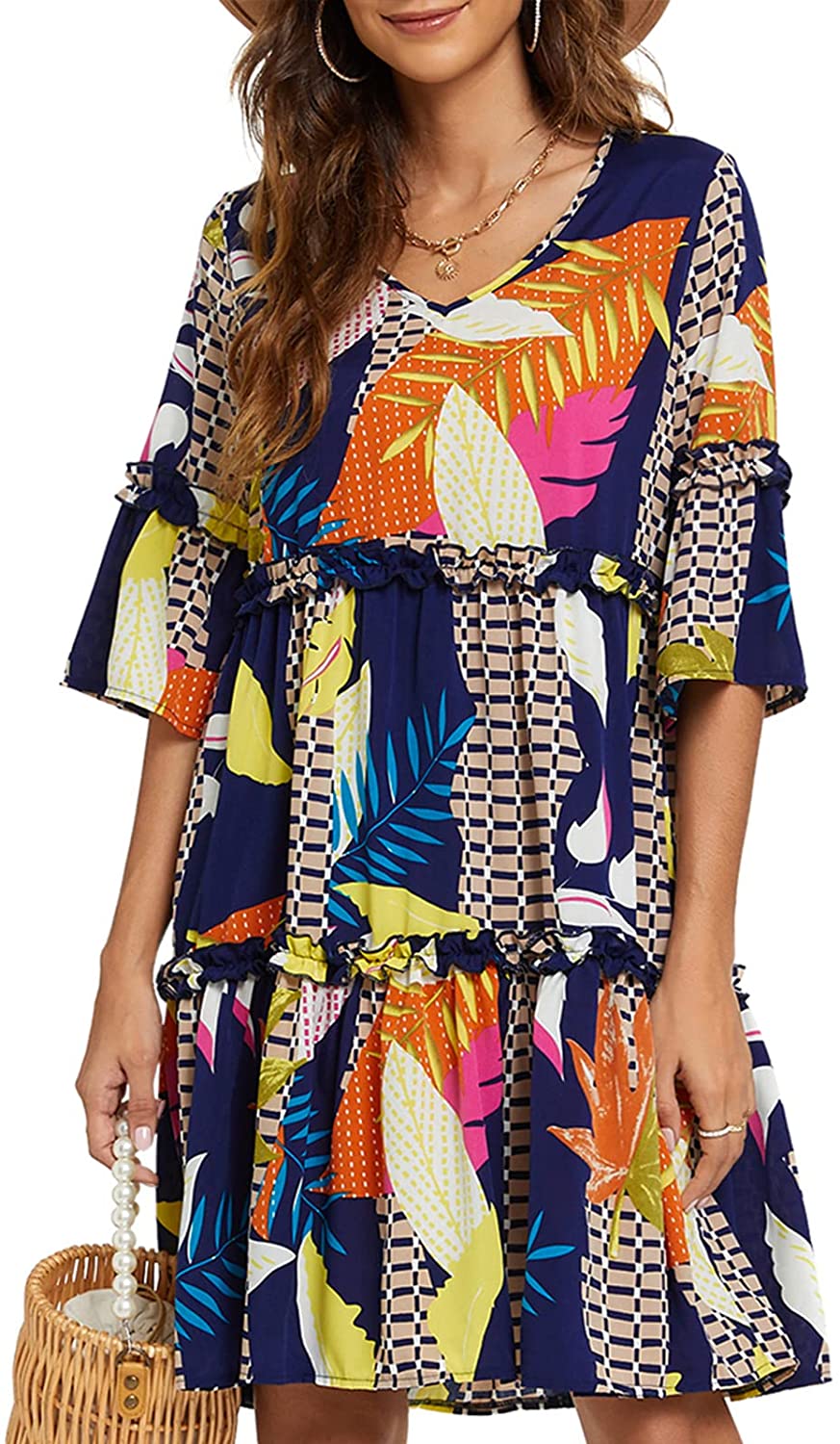 Women's Summer Dresses Flowy Tunic Mini Dress Short Sleeve V Neck Swing Dress