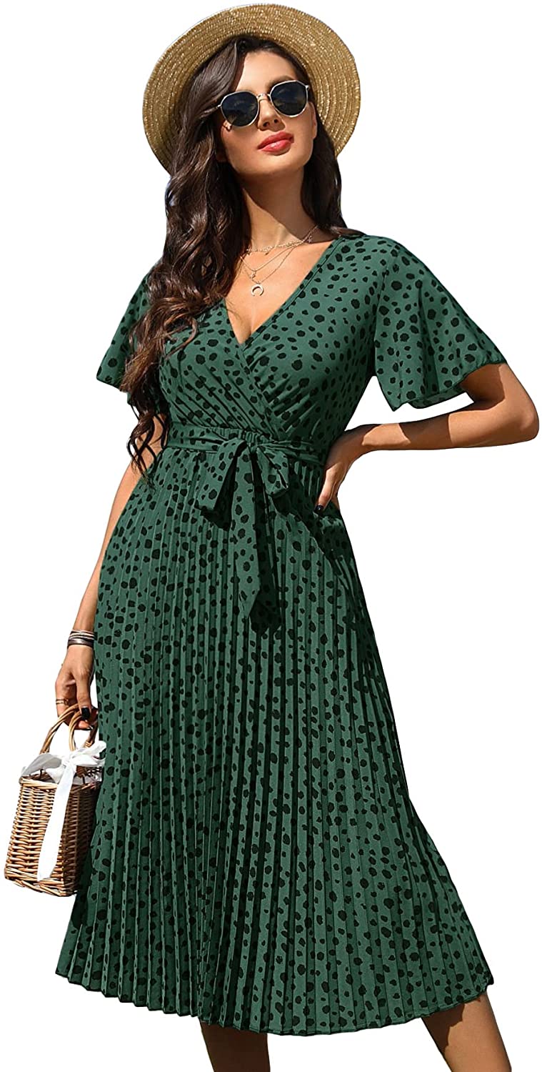 Women's Polka Dots Short Sleeve Wrap V Neck Belted A Line Pleated Midi Dress