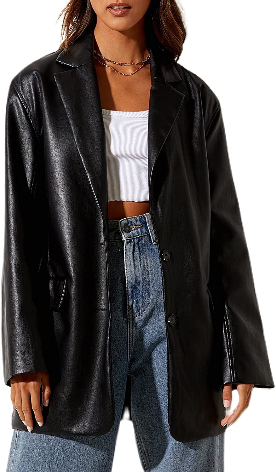 Women Casual Faux Leather Blazer Long Sleeve Button Down Y2K PU Leather Jacket with Pocket