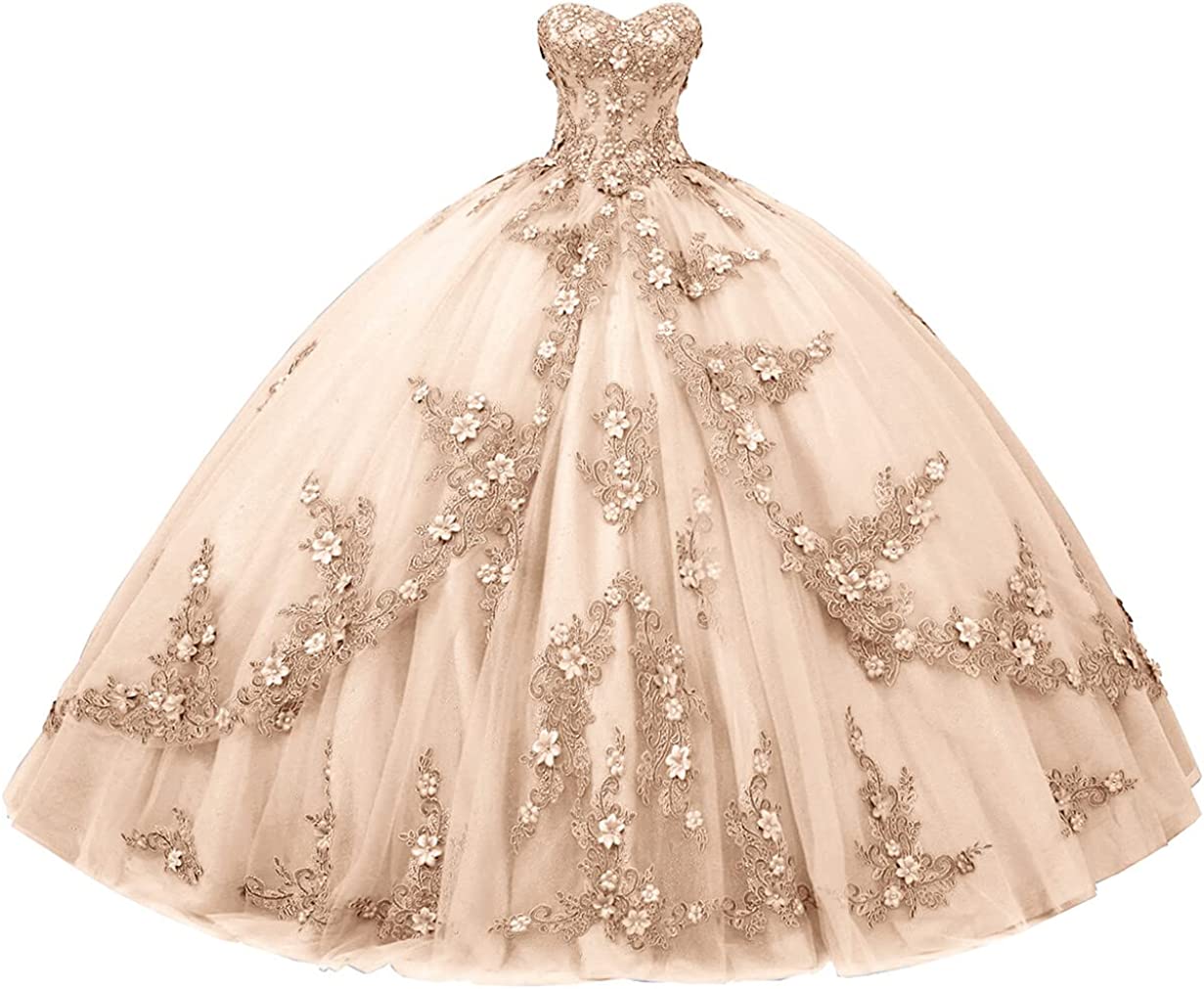 Long Sweetheart Quinceanera Dresses for Women Strapless Corset with Floral Appliques Beaded Tulle Prom Dress