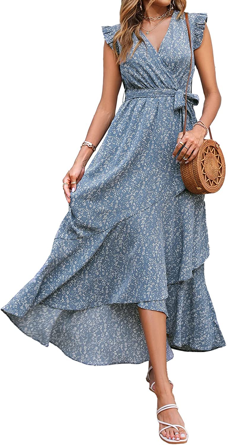 Women's Summer Dresses Ruffle Cap Sleeveless V Neck Boho Floral Print Wrap Side Split Long Beach Maxi Dress with Belt