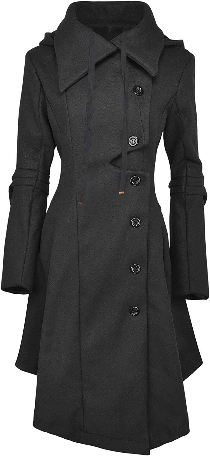 QZUnique Women's Trench Coat Goth Wool Blend Pea Jacket Victorian Long Fitted Trenchcoat Hood Winter Steam Punk Lapel Outwear