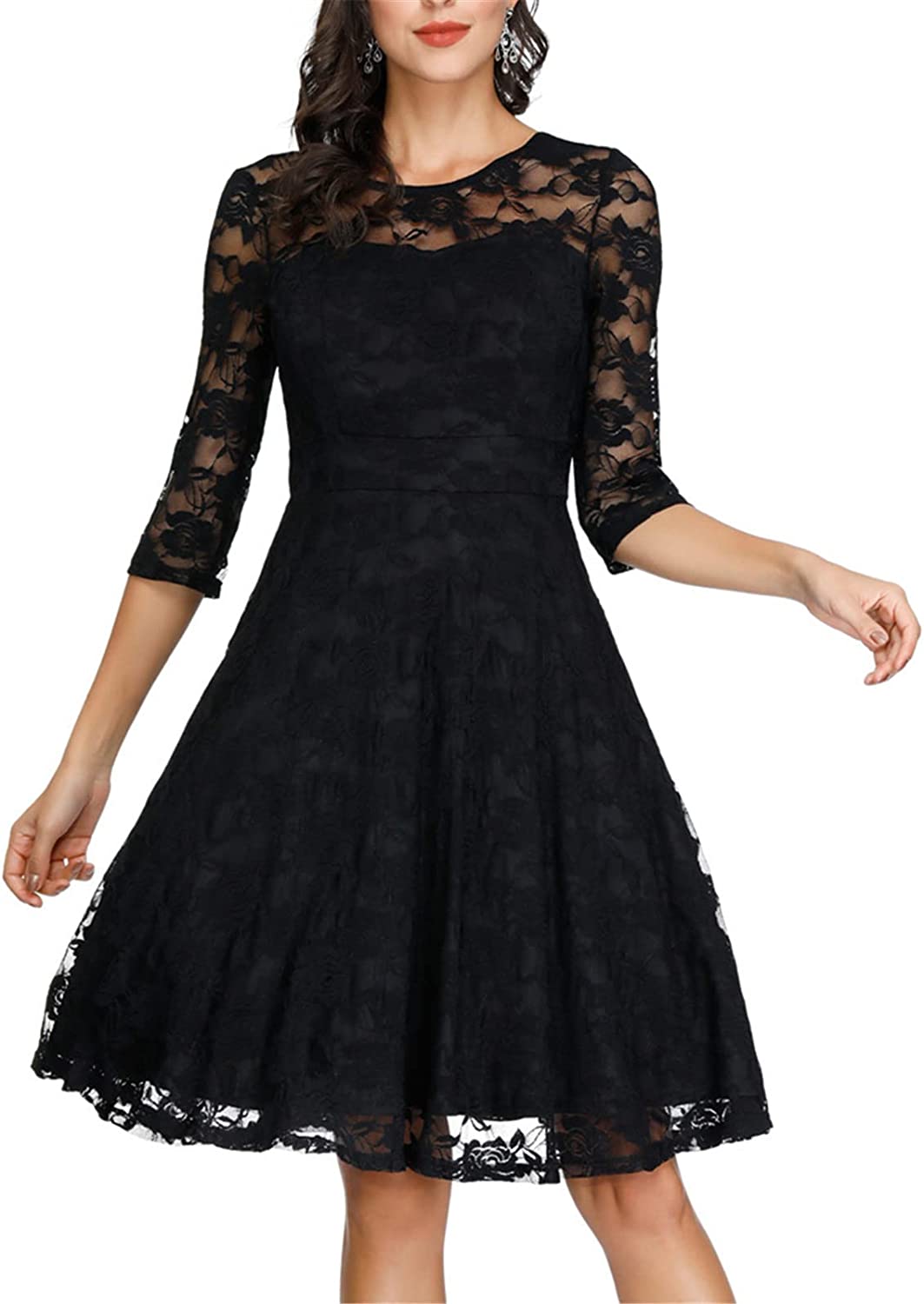 Women's Vintage Floral A Line Cocktail Party Formal Wedding Guest Lace Dresses