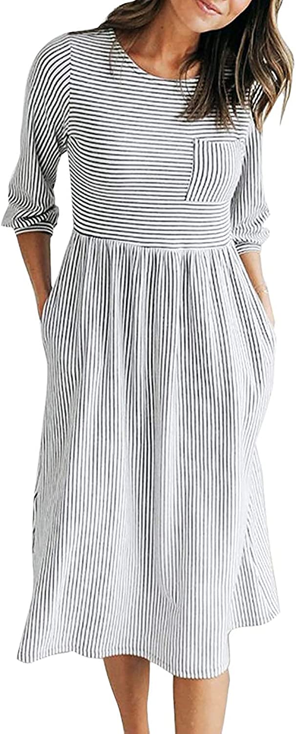 Women's 3/4 Balloon Sleeve Striped High Waist T Shirt Midi Dress with Pockets