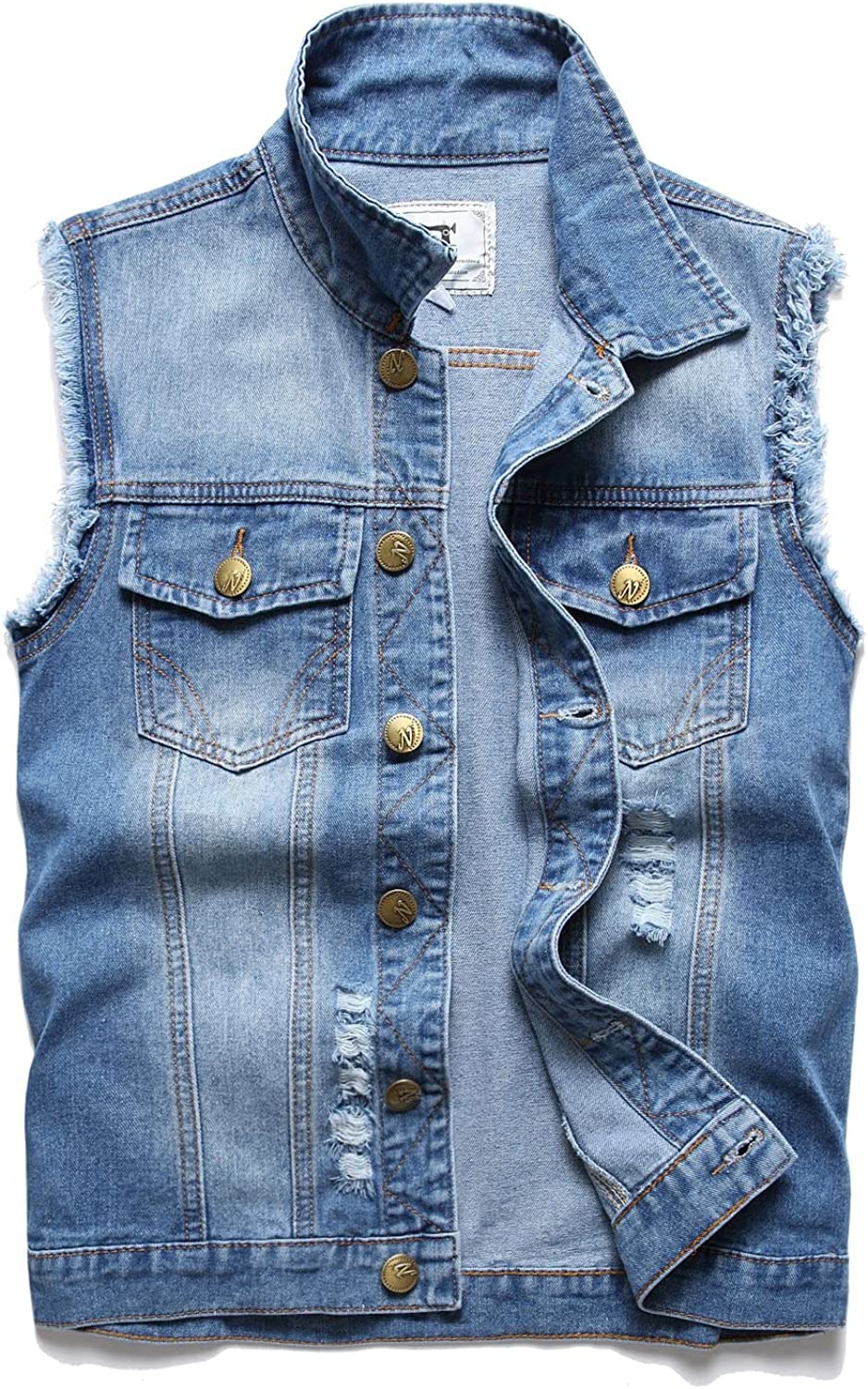 JUDIGODR Denim Vest Men Lapel Sleeveless Slim Fit Retro Ripped Casual Jean Vest for Men's