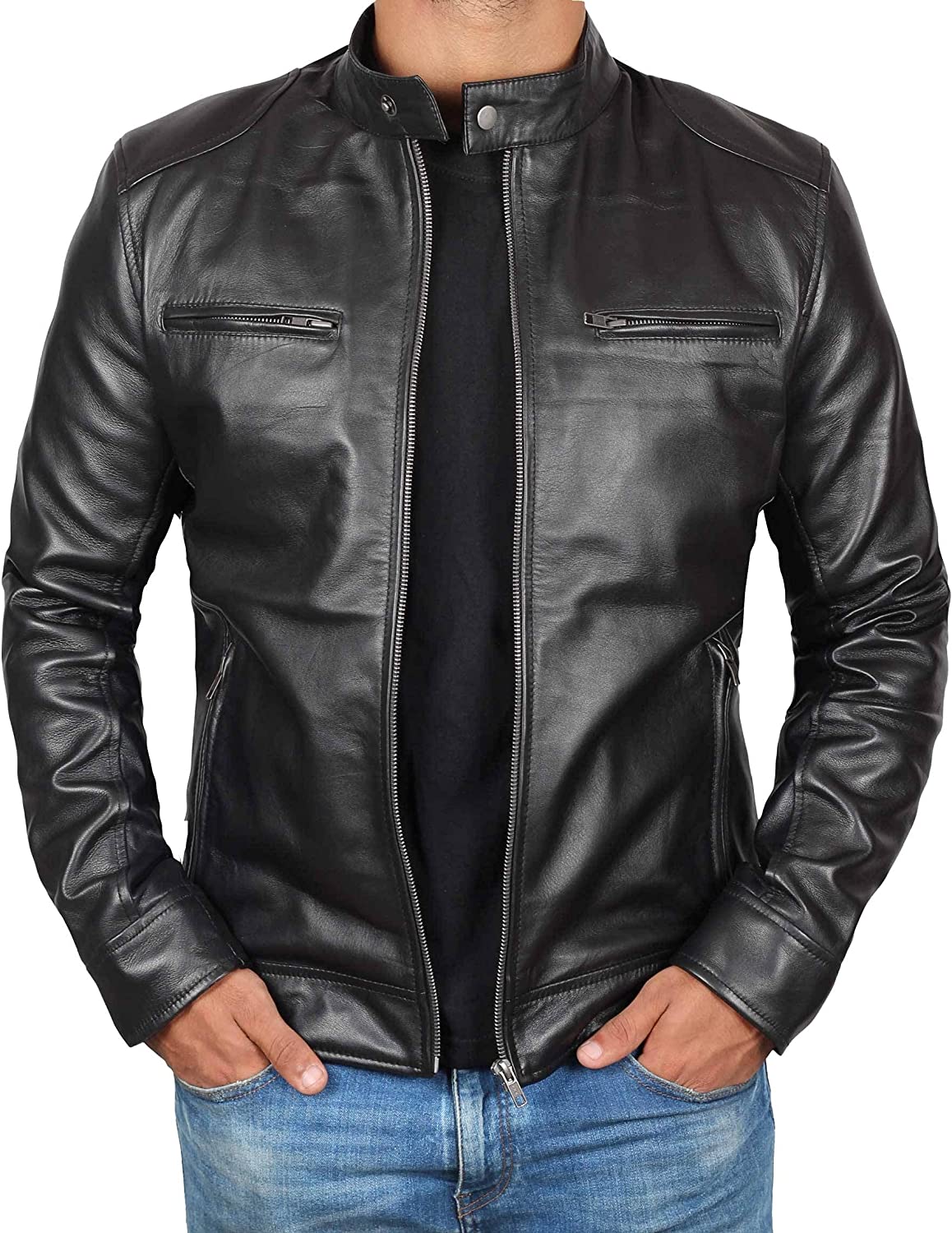 Genuine Black Leather Jacket Men - Real Lambskin Motorcycle Mens Leather Jackets