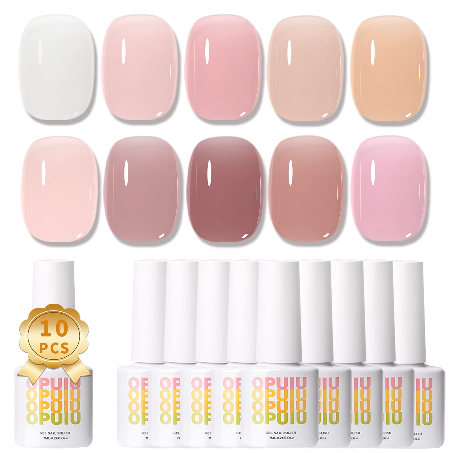 OPUIU 10 PCS Nude Pink Milky White Jelly Neutral Gel Nail Polish Set Semi-transparent Sheer Gel Polish Colors Kit Translucent Natural Soak Off UV LED Shellac Nail Polish Diy Home