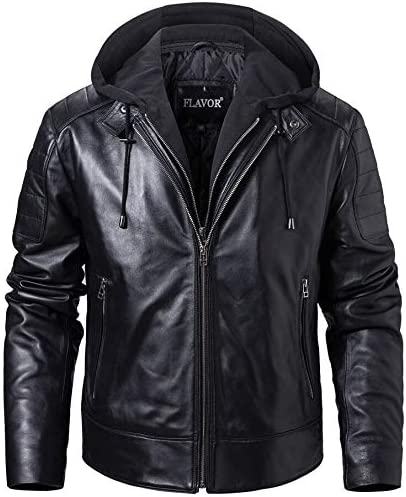 FLAVOR Men's Lambskin Leather Motorcycle Jacket with Removable Hood