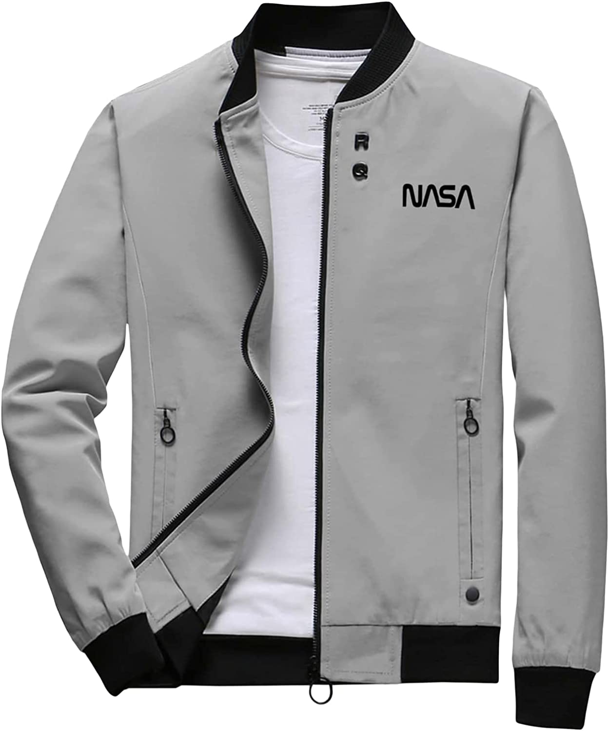 MakeMeChic Men's Casual Letter Print Long Sleeve Zip Up Bomber Jacket with Pockets