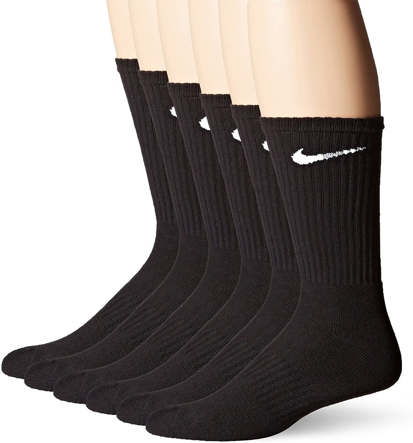 Nike Crew Socks (Performance Cotton Cushioned) 6 Pack Mens Shoe Size 8-12, Black/White, Large