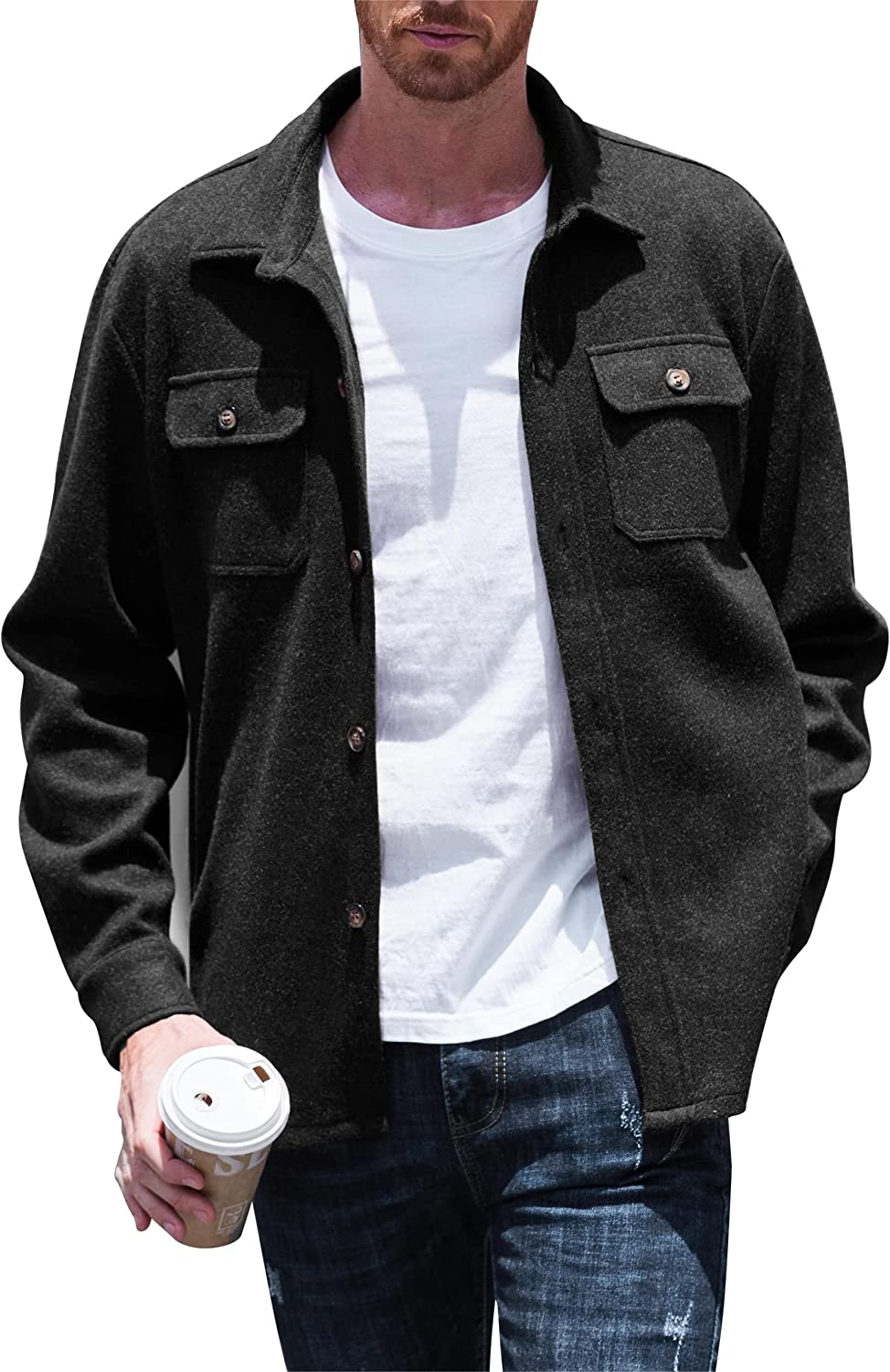 COOFANDY Mens Casual Wool Blend Shackets Long Sleeve Button Down Shirt Jacket with Side Pockets