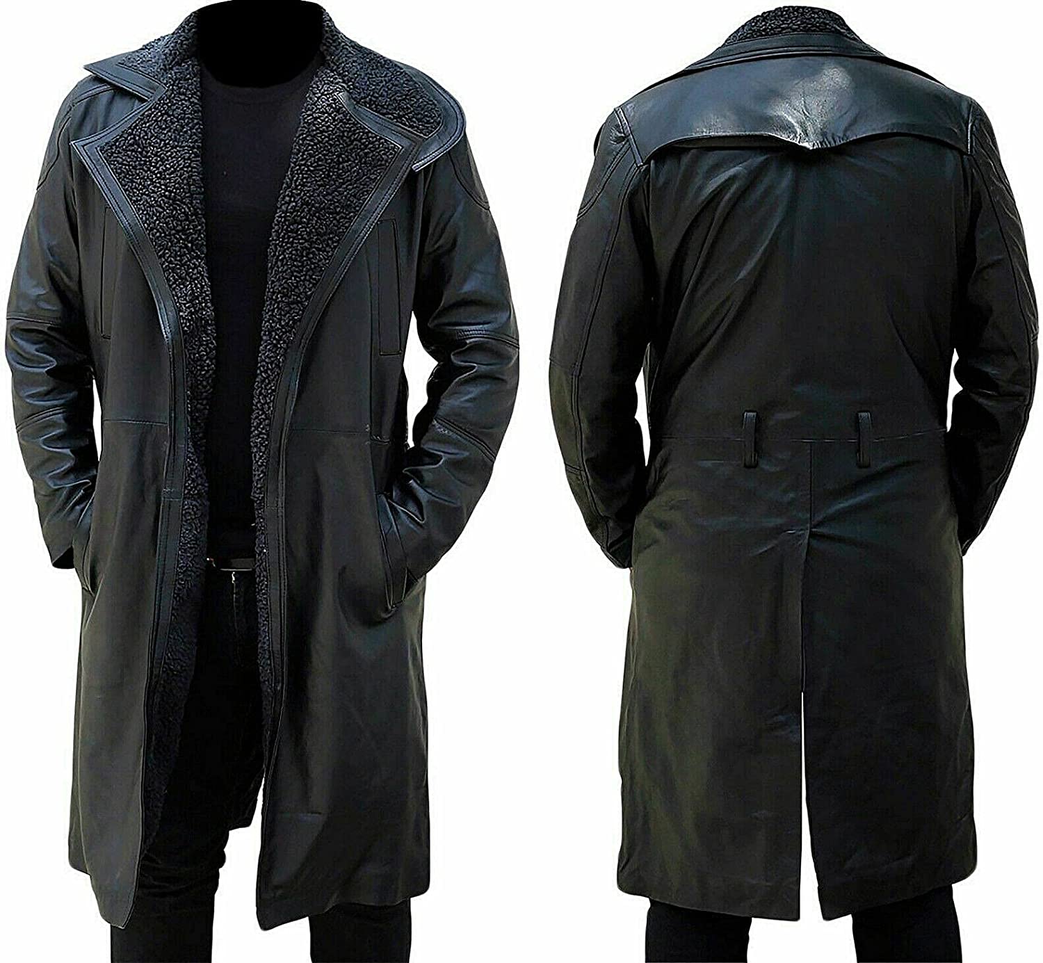 NEW GERMAN CLASSIC WW2 BLACK FULL FAUX FUR REAL SHEEPSKIN LEATHER TRENCH LONG WINTER DUSTER COAT JACKET FOR MEN