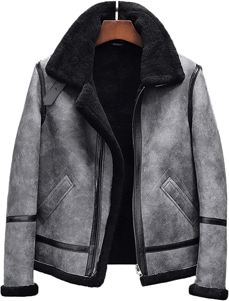 Mens Sheepskin Shearling Jacket B3 Flight Jacket Aviator Winter Coat Fur Bomber Leather Jacket Brown