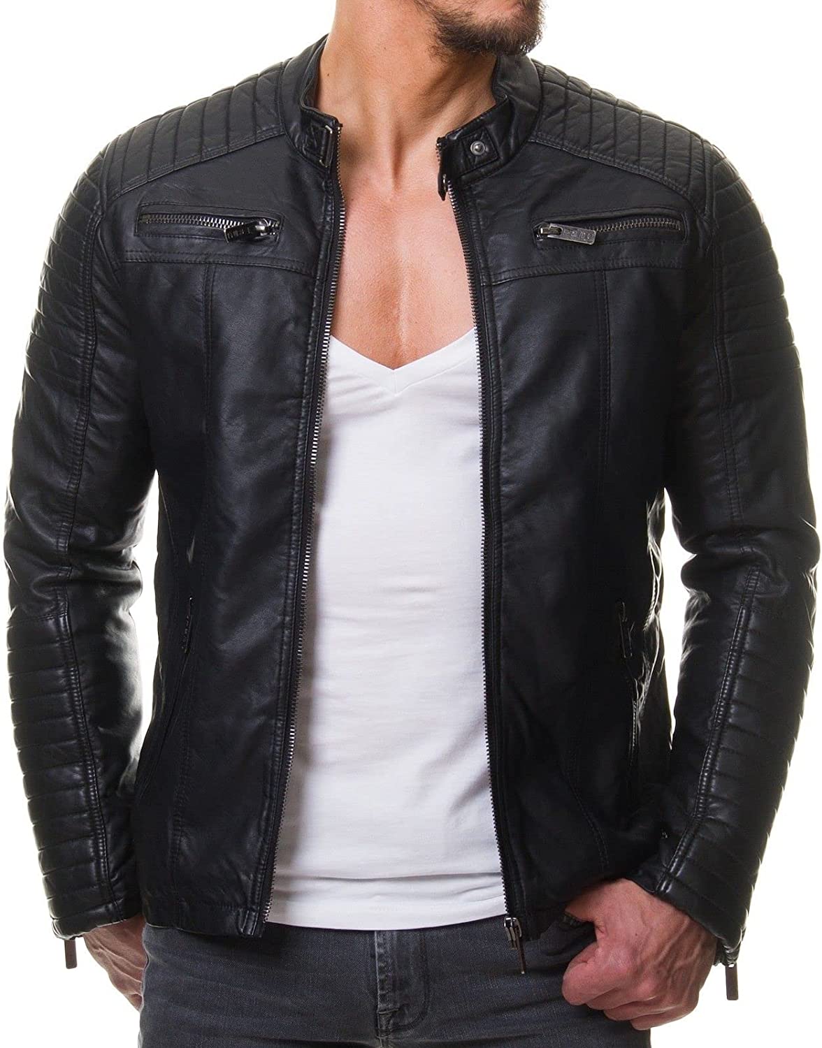 DECIMAL Men's Black REAL Lambskin Leather Biker Jacket VINTAGE GENUINE MOTORCYCLE JACKETS FOR MEN