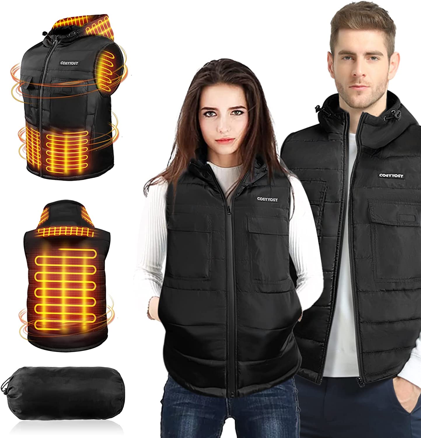 COSYYOSY Heated Vest with Hood for Men/Women, 6 Pockets, 5 Heating Panels, 3 Modes, Electric Outdoors Coat
