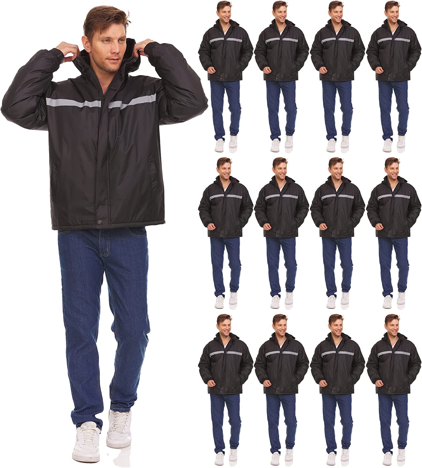 12 Pack of Mens Jackets Winter Coats Wholesale, Hooded Jacket for Men in Bulk, Safety Reflectors