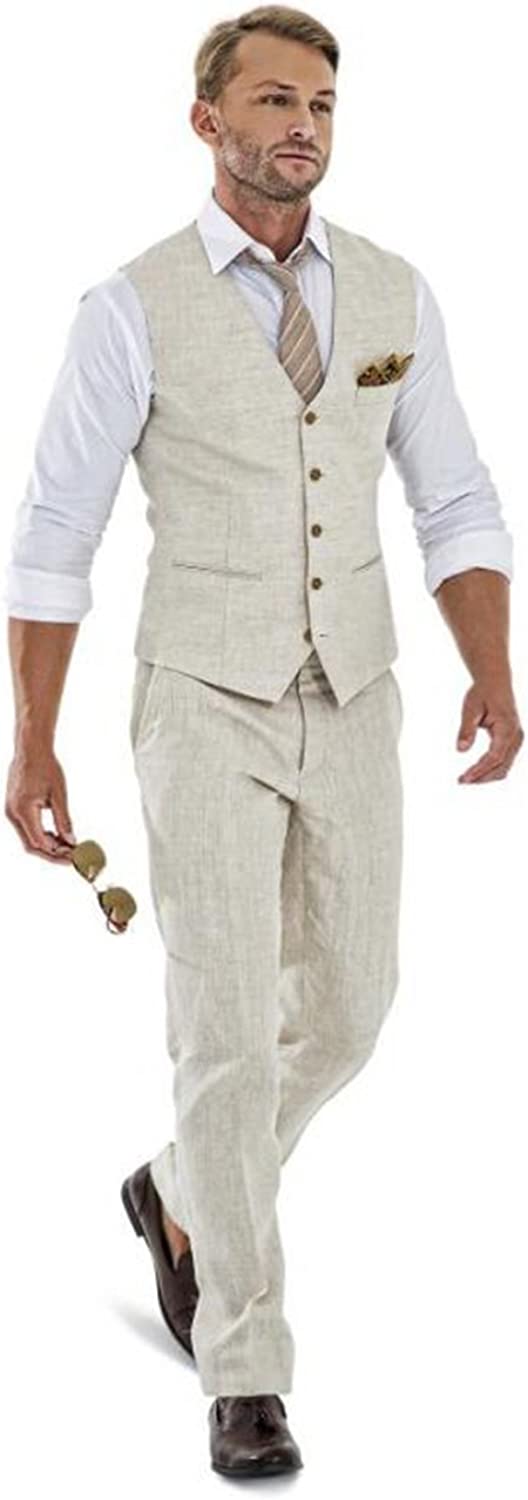 Casual Linen Beige Men's 2 Piece Suits Wedding Suits Slim Fit Groomsmen Tuxedos Prom Blazer Custom Summer Linen Vest+Pant