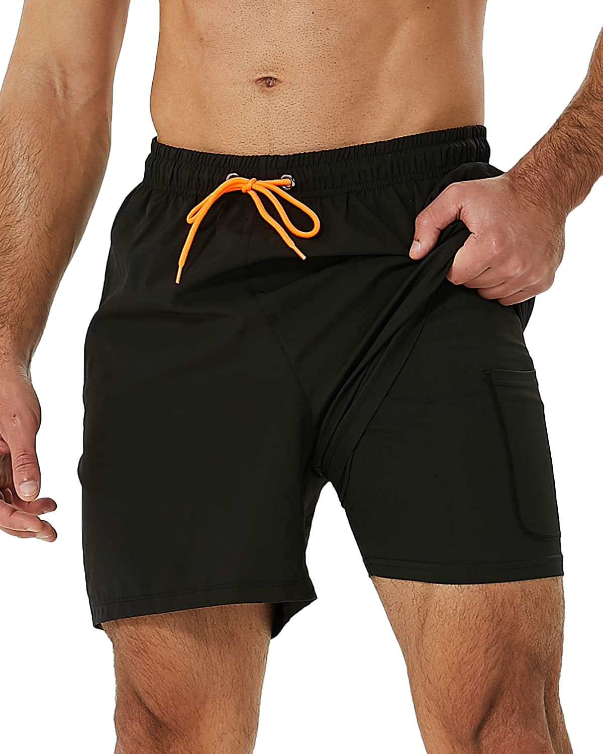 SILKWORLD Mens Swimming Trunks with Compression Liner 2 in 1 Quick-Dry Swim Shorts with Zipper Pockets