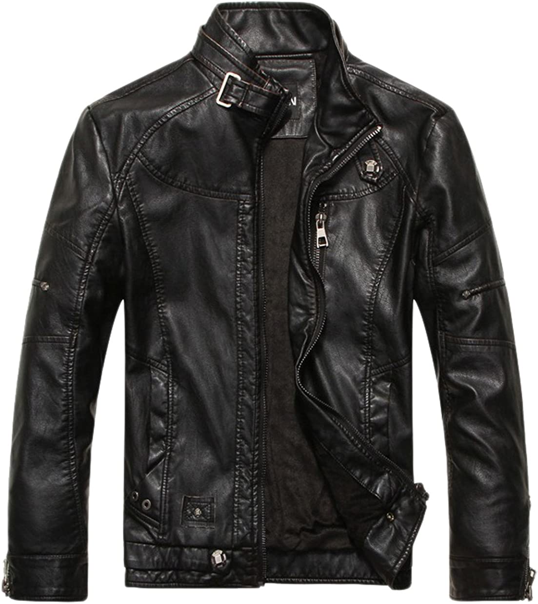 Chouyatou Men's Vintage Stand Collar Pu Leather Jacket