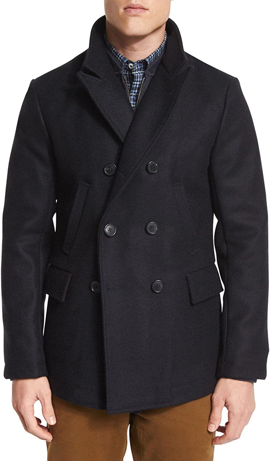 Billy Reid Men's Wool Double Breasted Bond Peacoat with Leather Details