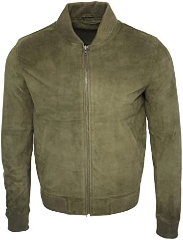 Mens Retro Khaki Goat Suede Leather Bomber Varsity Jacket