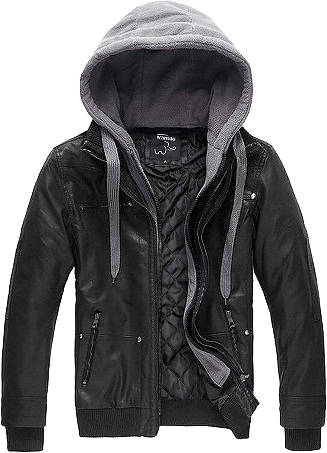 Wantdo Men's Faux Leather Jacket with Removable Hood Motorcycle Jacket Casual Warm Winter Coat