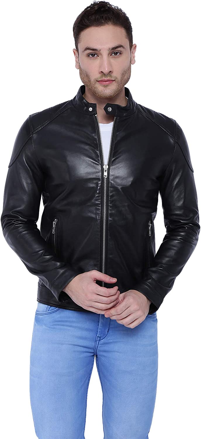 Mens Genuine Lambskin Leather Jacket (Black & Brown)- Harper |Tan & Brun|