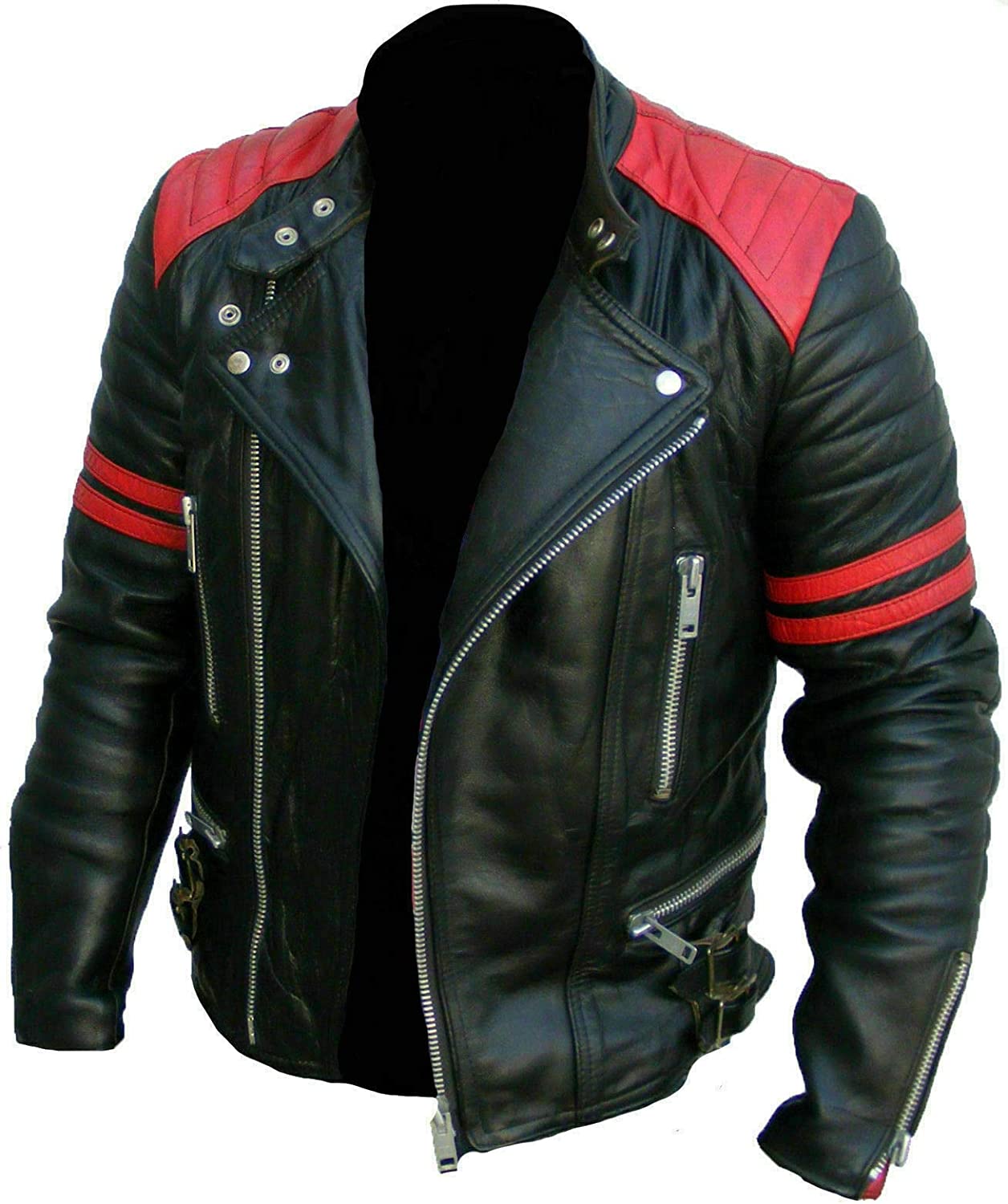 III-Fashions Mens Vintage Cafe Racer Red Stripes Brando Classic Black Motorcycle Quilted Retro Biker Leather Jacket