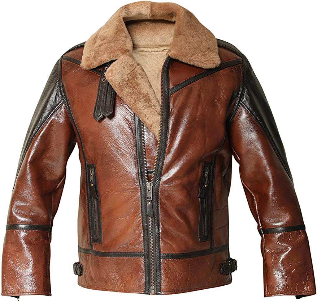 Men's B3 Distressed Bomber Real Shearling Sheepskin Leather Flight Aviator Jacket