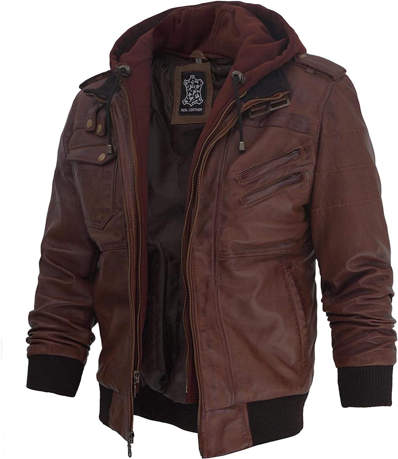 Decrum Leather Jackets for Mens Motorcycle Bomber Style with Removable Hood