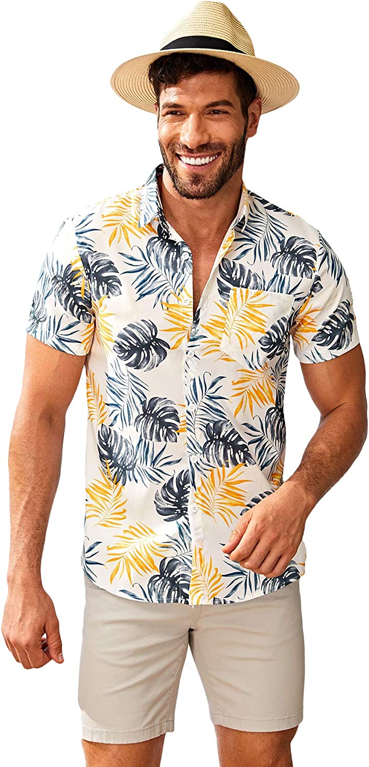 Romwe Men's Short Sleeve Hawaiian Shirt Tropical Print Casual Button Down Aloha Shirt