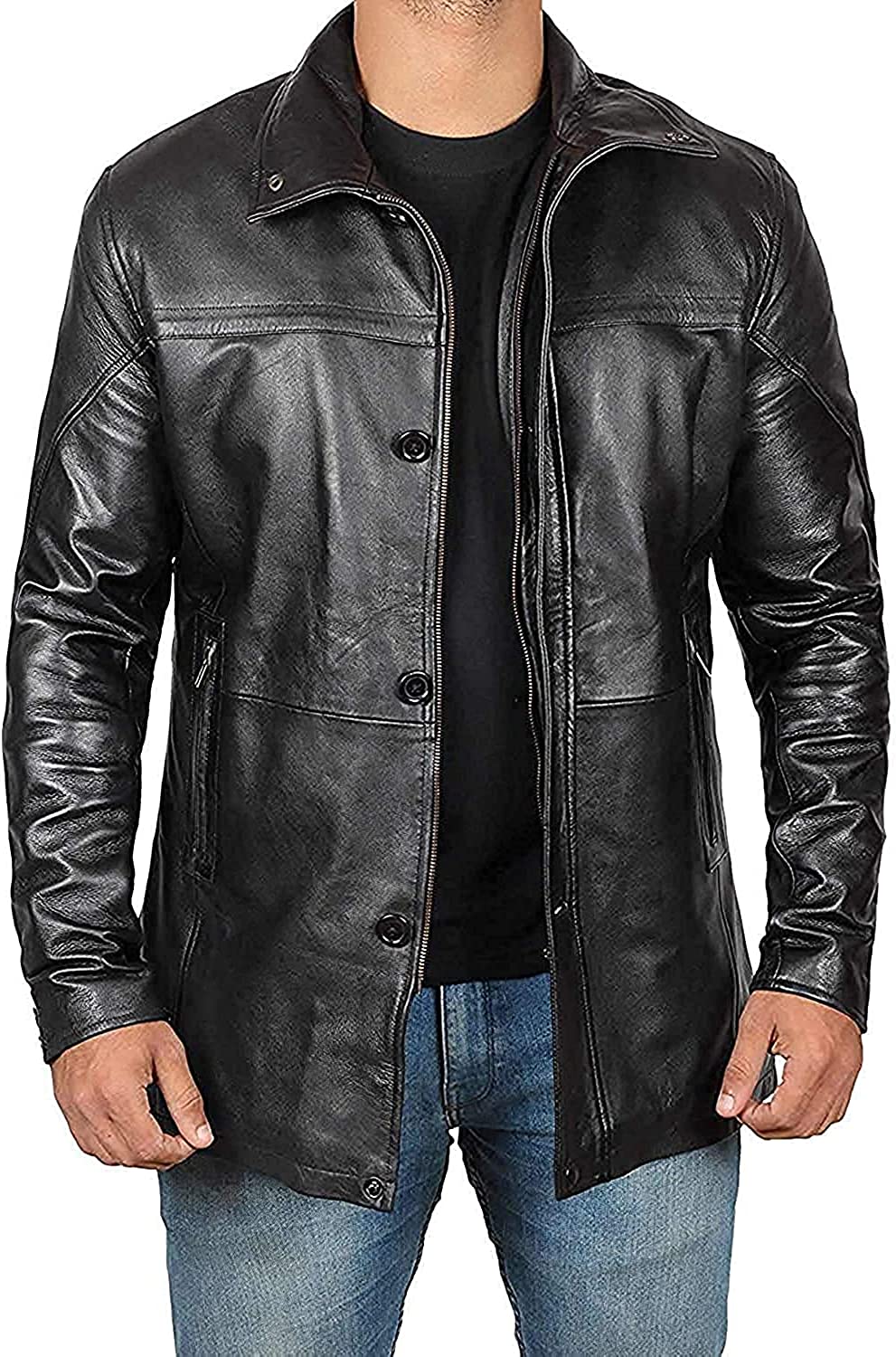 Fjackets Black Leather trench Coat Mens – ¾ Length Real Lambskin Leather Jacket Men