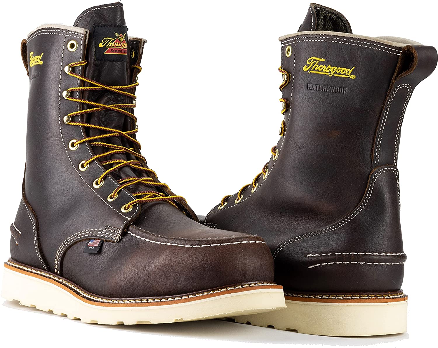 Thorogood 1957 Series 8” Waterproof Steel Toe Work Boots for Men - Full-Grain Leather with Moc Toe, Slip-Resistant Wedge Outsole, and Shock-Absorbing Insole; EH Rated