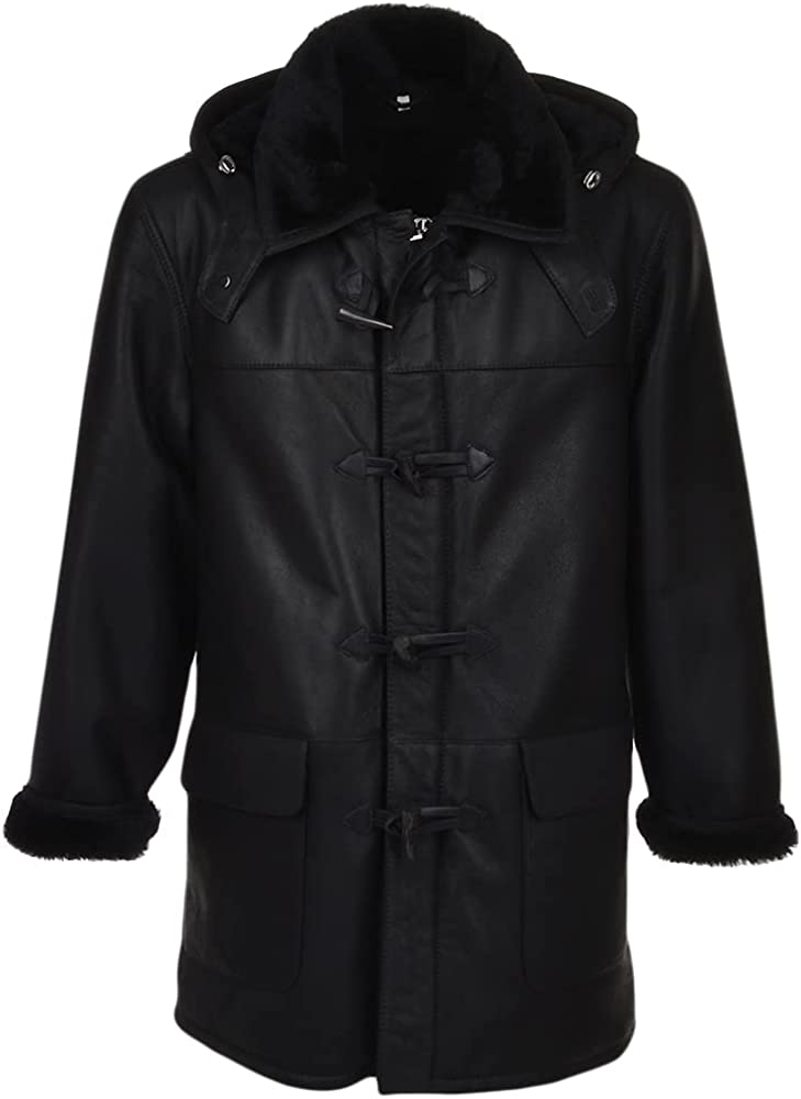Mens Genuine Sheepskin Leather Detachable Shearling Hood Winter Warm Duffle Trench Coat Jacket (Real Shearling, 4x LARGE, BLACK)